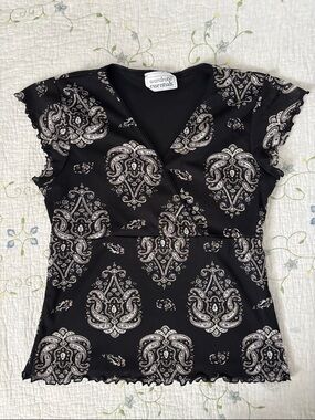Y2K Black Paisley Wrap Top Medium Cinched Back Tie Fairy Grunge Coquette